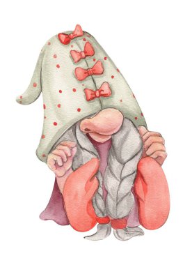 Valentines Nordic gnomes, Scandinavian gnomes. Cute valentine's day postcard. Watercolor elements for birthday, cake, holiday celebration design, posters, greetings card, invitation.