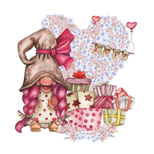Composition Valentines Nordic Gnomes Gift Boxes Flowers Cute Valentine Day — Stockfoto