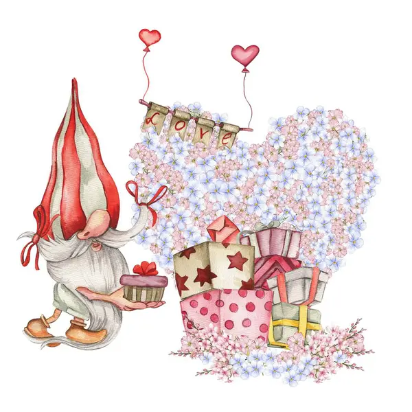 Composition with Valentines Nordic gnomes, gift boxes and flowers. Cute valentine's day postcard. Watercolor elements for birthday,cake, holiday celebration design, greetings card, invitation.