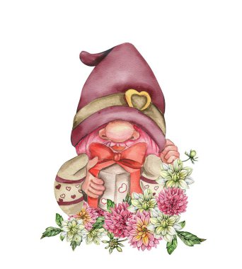 Composition with Valentines Nordic gnomes, Scandinavian gnomes and flowers. Cute valentine's day postcard. Watercolor elements for birthday,cake, holiday celebration design, greetings card,invitation.