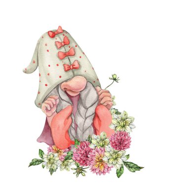 Composition with Valentines Nordic gnomes, Scandinavian gnomes and flowers. Cute valentine's day postcard. Watercolor elements for birthday,cake, holiday celebration design, greetings card,invitation.