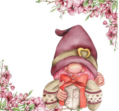 Composition with Valentines Nordic gnomes, Scandinavian gnomes and flowers. Cute valentine's day postcard. Watercolor elements for birthday,cake, holiday celebration design, greetings card,invitation.