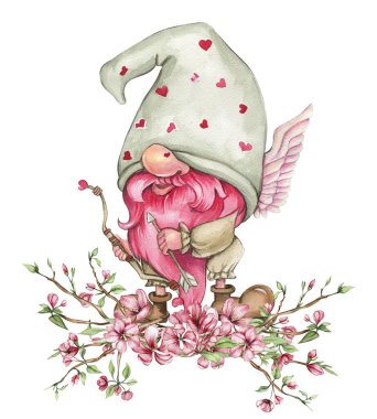 Composition with Valentines Nordic gnomes, Scandinavian gnomes and flowers. Cute valentine's day postcard. Watercolor elements for birthday,cake, holiday celebration design, greetings card,invitation.