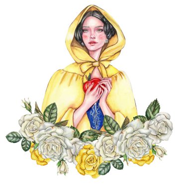 Sarı yağmurluklu, elinde elma ve çiçeklerle siyah saçlı bir kızla kompozisyon. Peri masalına dayanan el çizimi suluboya çizimi. Poster, tişört baskısı, kartpostal için kullanılabilir..
