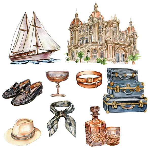 Illustration of an old building europe house, boat,suit case,hat. Hand drawn watercolor elements. Perfect for wedding invitation, greetings card, posters, stickers.