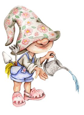 Suluboya el şirin İskandinav cüceleri çizdi. El çizimi çizimi. Bebek partisi, doğum günü, pasta, bayram kutlama tasarımı, tebrik kartları, davetiye.