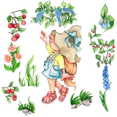 Suluboya el şirin İskandinav cüceleri, İskandinav cüceleri ve çiçekler çizdi ve suluboya resimler bıraktı. Bebek partisi için tasarım, doğum günü, pasta, bayram kutlaması, tebrik kartları.