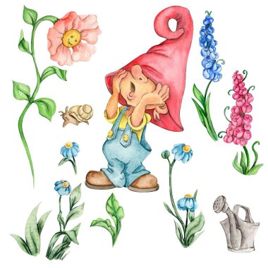 Suluboya el şirin İskandinav cüceleri, İskandinav cüceleri ve çiçekler çizdi ve suluboya resimler bıraktı. Bebek partisi için tasarım, doğum günü, pasta, bayram kutlaması, tebrik kartları.