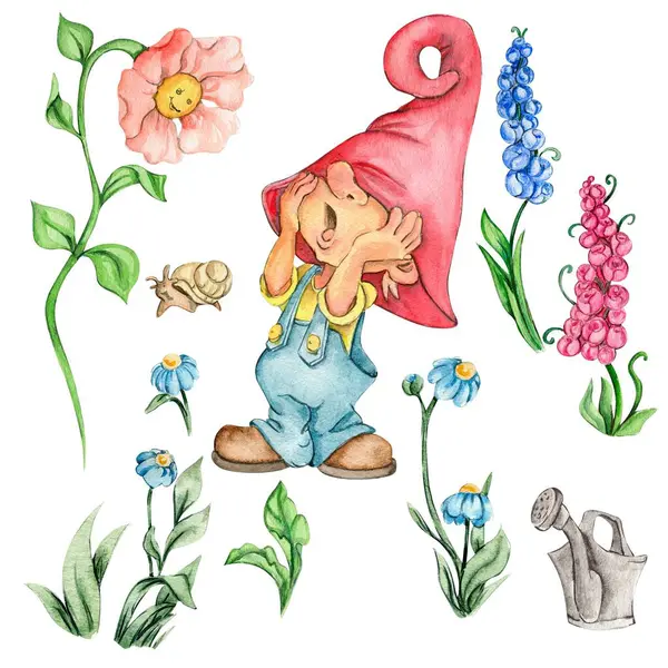 Suluboya el şirin İskandinav cüceleri, İskandinav cüceleri ve çiçekler çizdi ve suluboya resimler bıraktı. Bebek partisi için tasarım, doğum günü, pasta, bayram kutlaması, tebrik kartları.