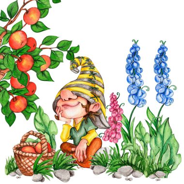 Suluboya elin bileşimi şirin İskandinav cüceleri ve çiçekler çizdi ve suluboya resimler bıraktı. Bebek partisi için tasarım, doğum günü, pasta, bayram kutlaması, tebrik kartları.