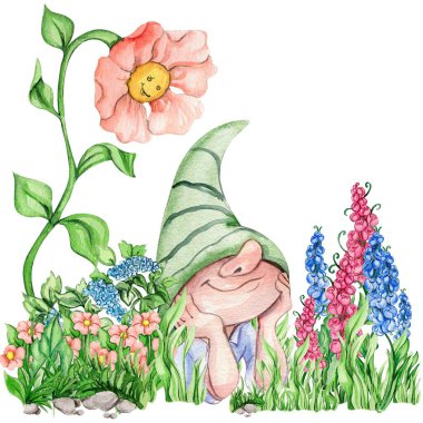 Suluboya elin bileşimi şirin İskandinav cüceleri ve çiçekler çizdi ve suluboya resimler bıraktı. Bebek partisi için tasarım, doğum günü, pasta, bayram kutlaması, tebrik kartları.