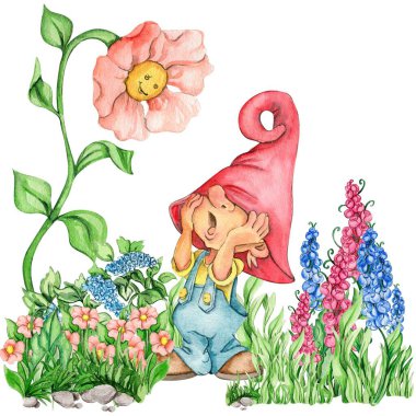 Suluboya elin bileşimi şirin İskandinav cüceleri ve çiçekler çizdi ve suluboya resimler bıraktı. Bebek partisi için tasarım, doğum günü, pasta, bayram kutlaması, tebrik kartları.