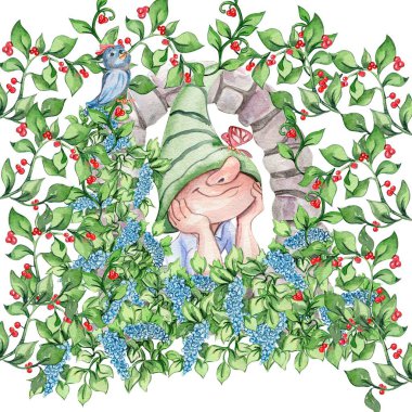 Suluboya elin bileşimi şirin İskandinav cüceleri ve çiçekler çizdi ve suluboya resimler bıraktı. Bebek partisi için tasarım, doğum günü, pasta, bayram kutlaması, tebrik kartları.