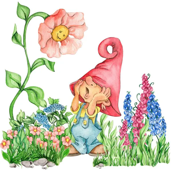 Suluboya elin bileşimi şirin İskandinav cüceleri ve çiçekler çizdi ve suluboya resimler bıraktı. Bebek partisi için tasarım, doğum günü, pasta, bayram kutlaması, tebrik kartları.