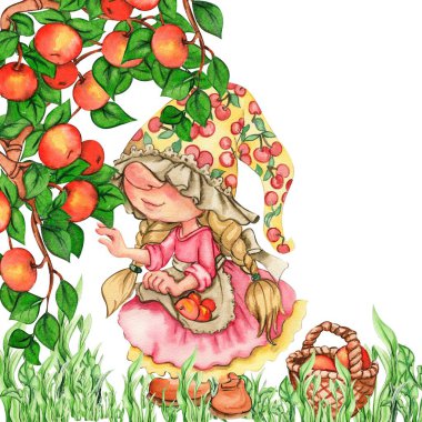 Suluboya elin bileşimi şirin İskandinav cüceleri ve çiçekler çizdi ve suluboya resimler bıraktı. Bebek partisi için tasarım, doğum günü, pasta, bayram kutlaması, tebrik kartları.