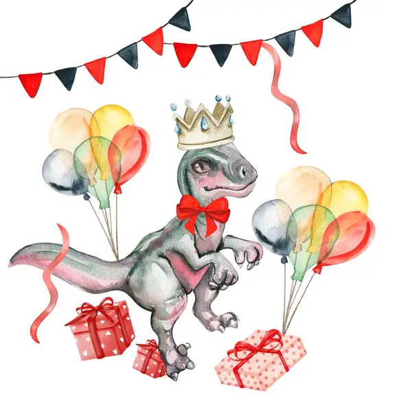 Aquarell Handgezeichnete Tropische Niedliche Dinosaurier Geburtstag Komposition Dino Illustration Perfekt Stockfoto