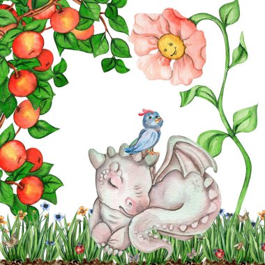 Suluboya el, tropikal şirin dinozorlar kompozisyonu çizdi. Dino illüstrasyonu tasarım, duvar kağıdı, hatıra defteri, davetiye, düğün veya tebrik kartı için mükemmeldir..