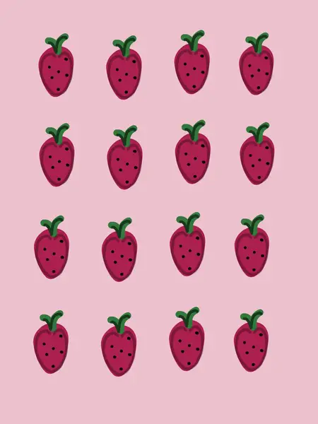 Dibujo Ilustración Fresas Con Patrón Sobre Fondo Rosa Fruta Gráfica — Foto de Stock