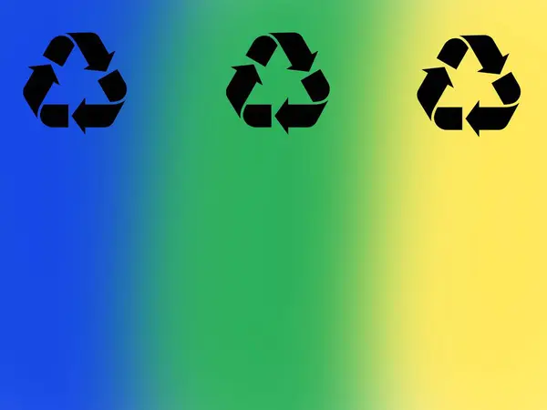 Blurred background with recycling symbol and blue, green and yellow colors, garbage separation. Environmental conservation and recycling.