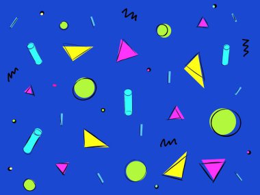 Geometrik şekilli duvar kağıdı, canlı renkler, 80 'ler ve 90' lar tarzı. Posterler, kumaşlar veya fabrikalar için tekrarla.