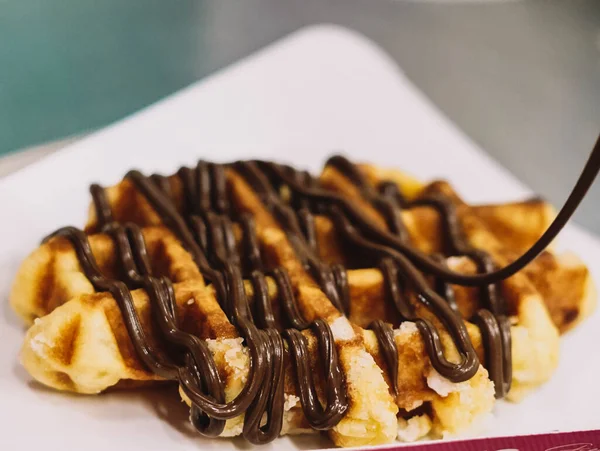 Delicious Waffle Chocolate Syrup Take — Stock Photo, Image