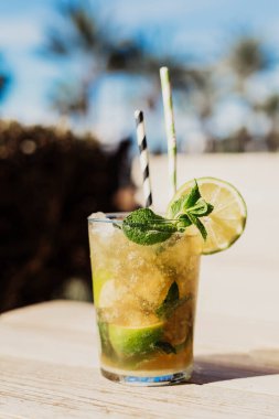 Mojito, beyaz rom, şeker, limon suyu, köpüklü su ve nane yapraklarından yapılan geleneksel Küba kokteyli..