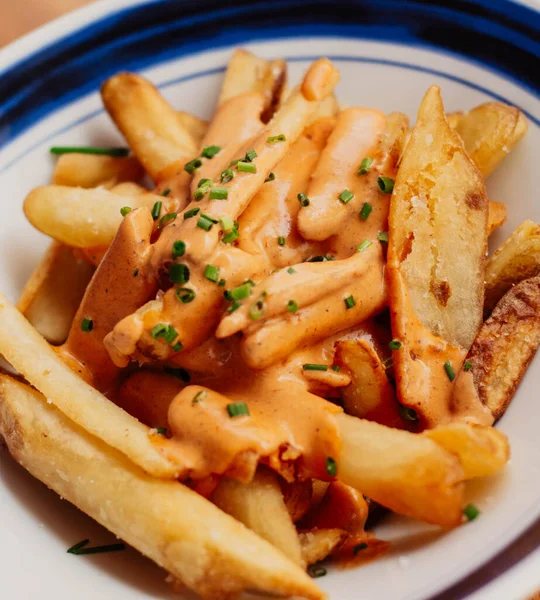 stock image French fries with American style cheddar cheese