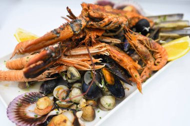 İstiridye, karides, yengeç, midye, midye, istiridye, jilet ve ıstakozdan oluşan ızgara deniz ürünleri tabağı