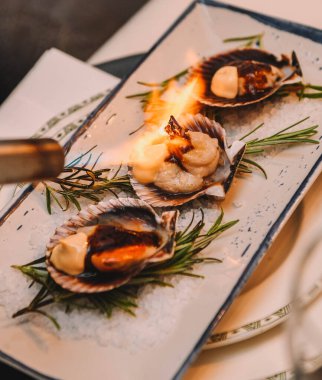 Beyaz tabakta ızgara deniz tarağı ve biberiye..