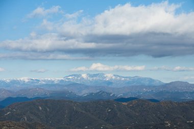 Arkasında karlı dağlar olan kızıl ormanın manzarası, Katalonya kışı, İspanya