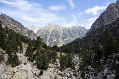 Aigestortes y Estany de Sant Maurici, Pyrenees vadisinde nehir ve gölü olan doğal parkın güzel manzarası.
