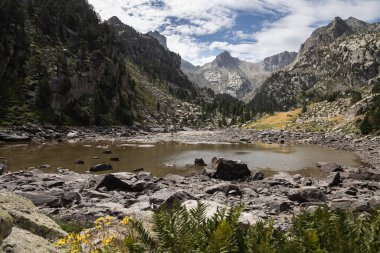 Aigestortes y Estany de Sant Maurici, Pyrenees vadisinde nehir ve gölü olan doğal parkın güzel manzarası.