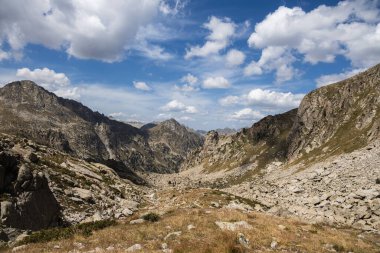 Aigestortes y Estany de Sant Maurici, Pyrenees vadisinde nehir ve gölü olan doğal parkın güzel manzarası.