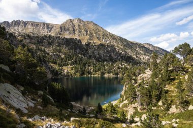 Aigestortes y Sant Maurici 'nin doğal parkında (Estany Negre), nehir ve gölü olan Pirenes Vadisi' nin güzel manzarası.