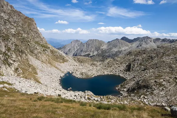 Aigestortes y Estany de Sant Maurici, Pyrenees vadisinde nehir ve gölü olan doğal parkın güzel manzarası.