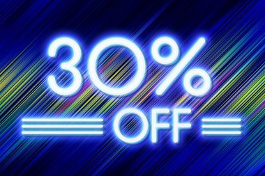 Sarı-mavi çizgili arka planda 30 Neon rakamı indirimli Price etiketli satış promosyon piyasası indirimi. özel mağaza