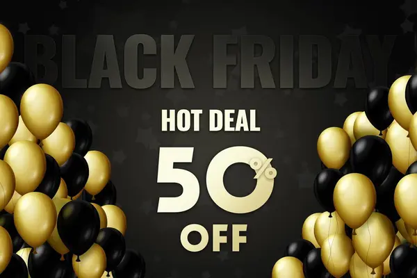 Golden and black balloons on a black background Black friday Price labele 50 sale promotion market discount percent. clearance special