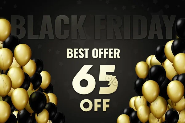 Golden and black balloons on a black background Black friday Price labele 65 sale promotion market discount percent. special banner