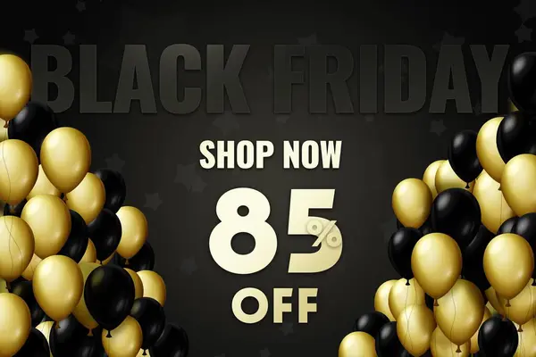 Golden and black balloons on a black background Black friday Price labele 85 sale promotion market discount percent. offer shop