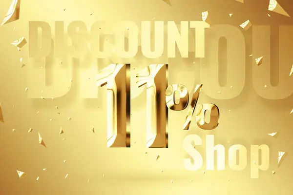 Golden inscription 11 off on a golden background. Price labele sale promotion market discount percent. business clearance