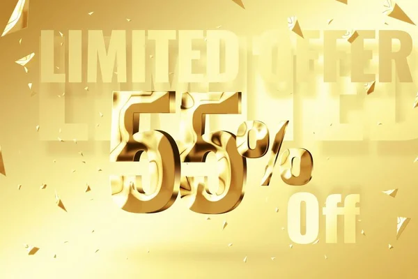 Golden inscription 55 off on a golden background. Price labele sale promotion market discount percent. tag