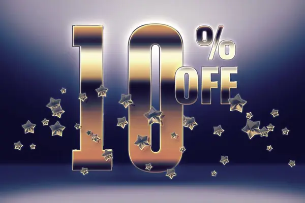 Golden 10 off numbers and stars on a blue gradient. Price labele sale promotion market discount percent. business