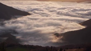 Güzel gün doğumu ışığı vadideki bulutları aydınlatıyor, Alp Dağları vadisinde alçak bulutlar ile vahşi sisli doğa zaman kayması. Yüksek kalite 4k görüntü