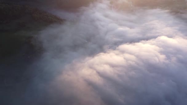 Aerial Top View Inverse Cloud Cover Light Morning Sun Misty — 图库视频影像