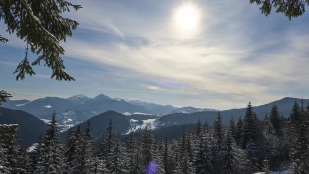 高山和丘陵地带的冬季景色从森林里出来 太阳在云彩后面掠过天空 高质量的4K镜头 — 图库视频影像