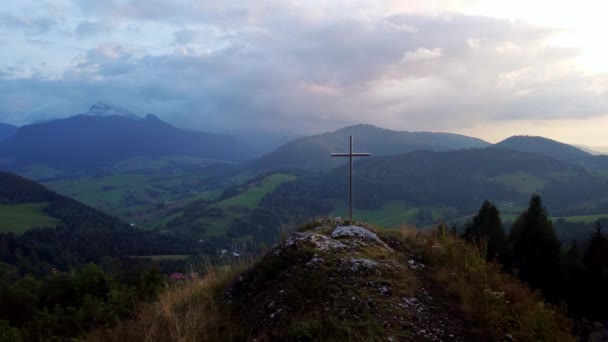 Aerial View Religious Christian Steel Cross Hill Mountainous Countryside High — Stock Video