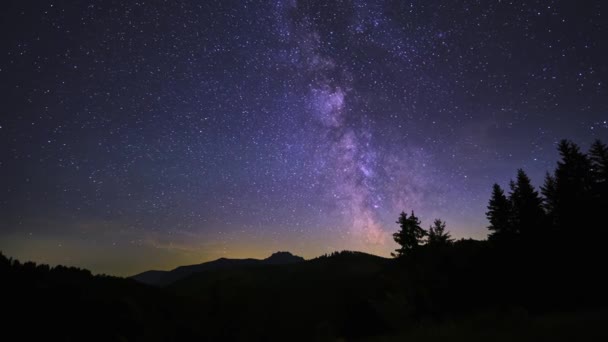 Vintergatans Universum Stjärnspår Mörka Kvällsmoln Perseid Meteor Dusch Bergslandskap Skogen — Stockvideo