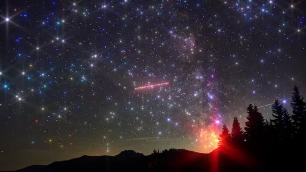 Nachtelijke Hemel Met Sterren Boven Berglandschap Silhouet Licht Stralen Effect — Stockvideo