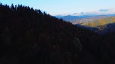 Kırsal bir orman tepe manzarası. Sonbaharda tepeler arasında bir vadideki dağ köyü. Yüksek kalite 4k görüntü