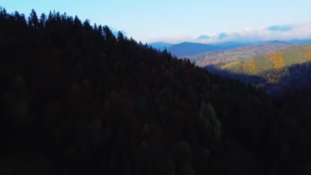 Luftaufnahme Eines Ländlichen Waldes Hügelige Landschaft Bergdorf Einem Tal Zwischen — Stockvideo